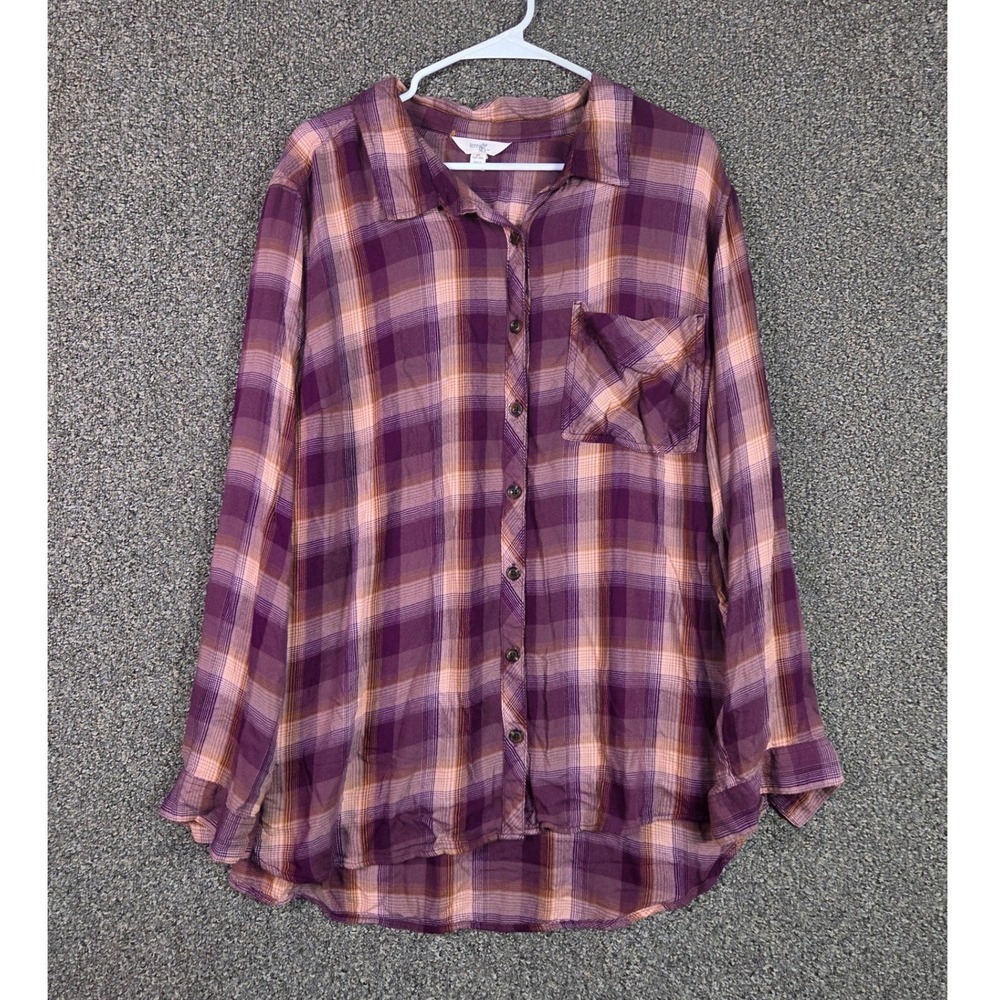 Terra & Sky Plaid Button Down Women 3X Purple Long Sleeve Viscose Blouse